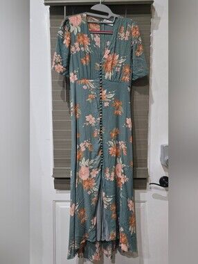Petal & Pup Teal-Green Floral Button-Front Maxi Dress